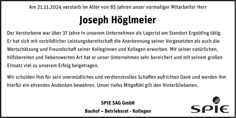 Traueranzeige Joseph Joseph Höglmeier