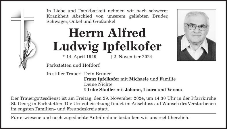 Traueranzeige Alfred Ludwig Ipfelkofer