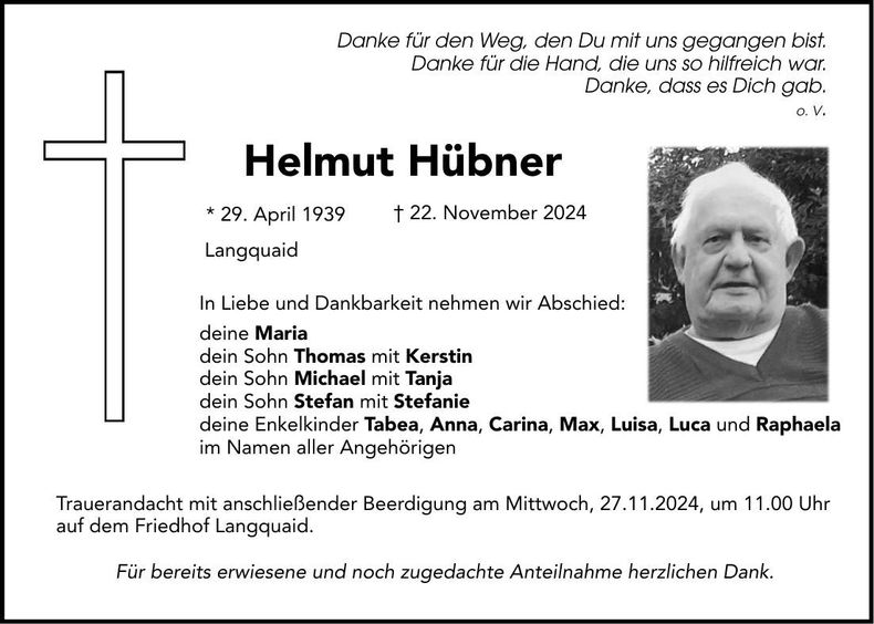 Traueranzeige Helmut Hübner