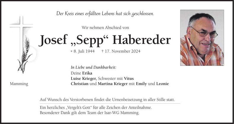 Traueranzeige Josef Habereder