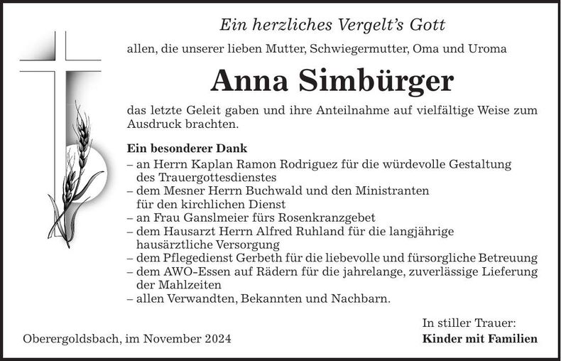 Traueranzeige Anna Simbürger