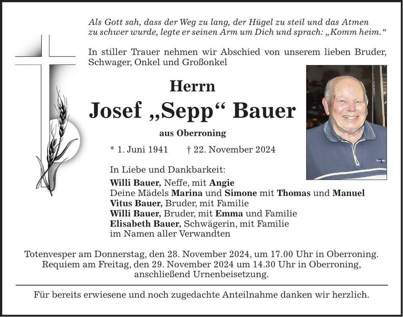 Traueranzeige Josef Bauer