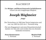 Traueranzeige Joseph Höglmeier