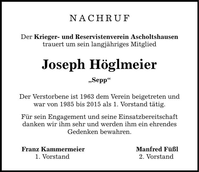 Traueranzeige Joseph Höglmeier