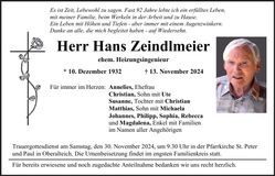 Traueranzeige Hans Zeindlmeier