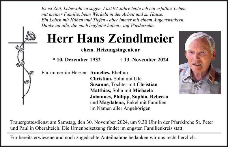 Traueranzeige Hans Zeindlmeier