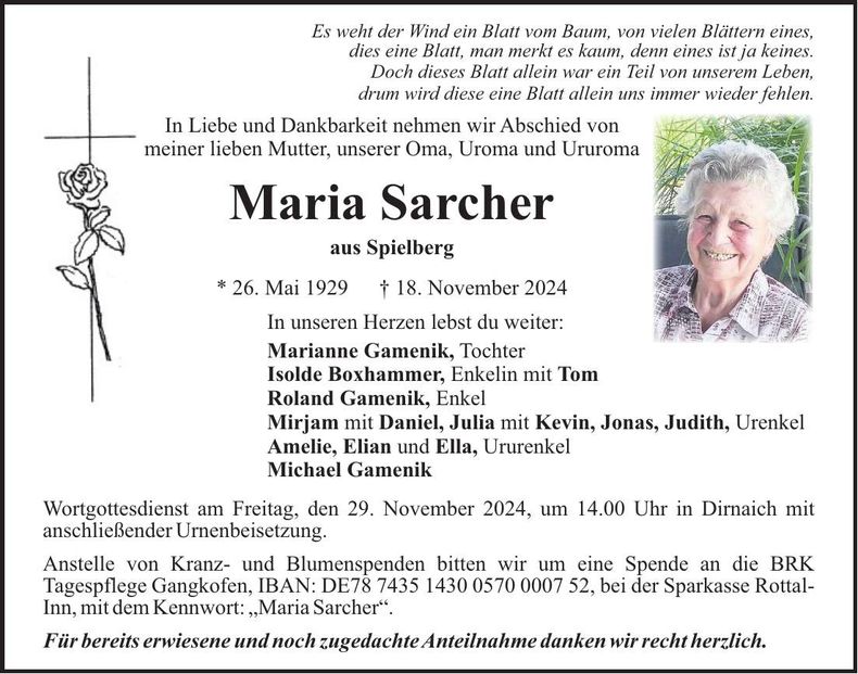 Traueranzeige Maria Sarcher
