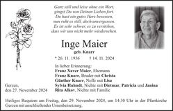 Traueranzeige Inge Maier