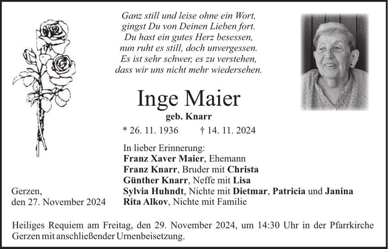 Traueranzeige Inge Maier