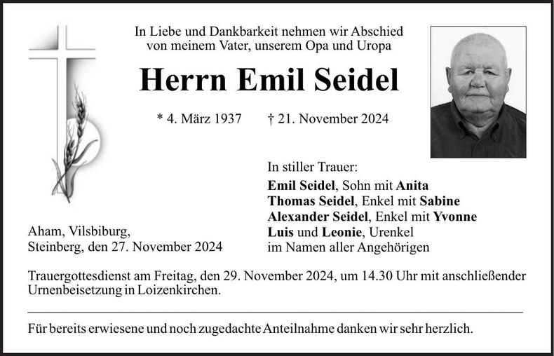 Traueranzeige Emil Seidel