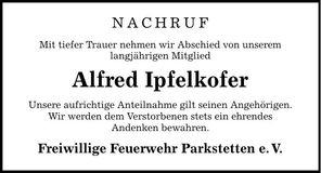 Traueranzeige Alfred Ipfelkofer