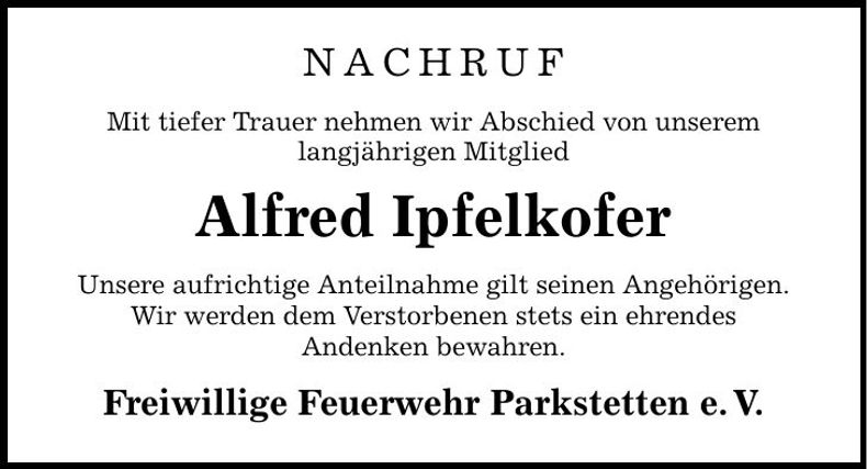 Traueranzeige Alfred Ipfelkofer