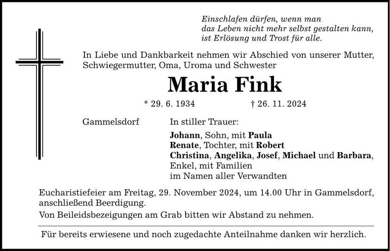 Traueranzeige Maria Fink