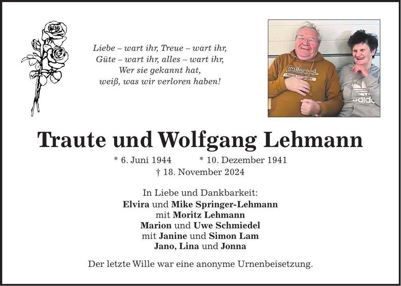 Traueranzeige Traute und Wolfgang Lehmann