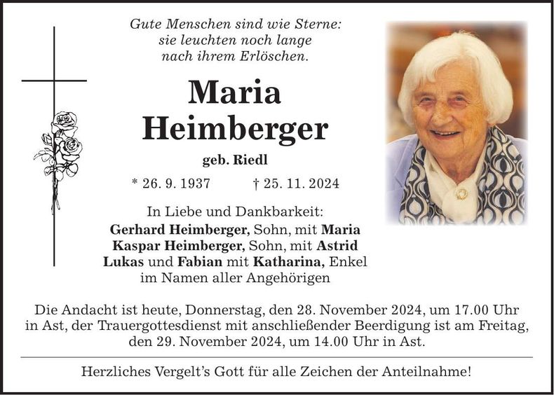Traueranzeige Maria Heimberger