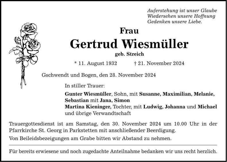 Traueranzeige Gertrud Wiesmüller