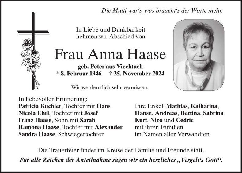 Traueranzeige Anna Haase