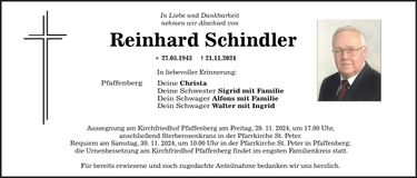 Traueranzeige Reinhard Schindler