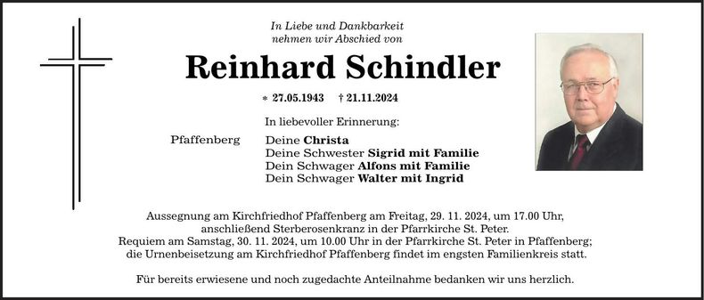 Traueranzeige Reinhard Schindler