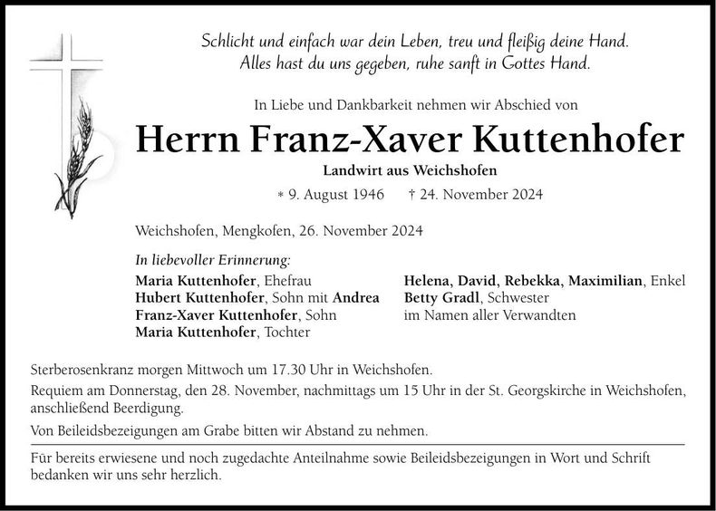 Traueranzeige Franz-Xaver Kuttenhofer