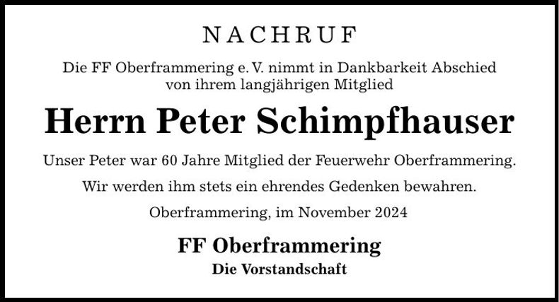 Traueranzeige Peter Schimpfhauser