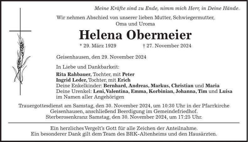 Traueranzeige Helena Obermeier