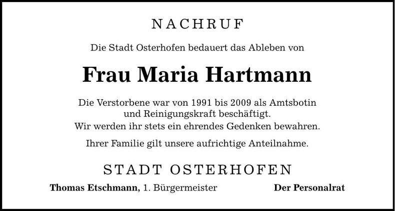 Traueranzeige Maria Maria Hartmann