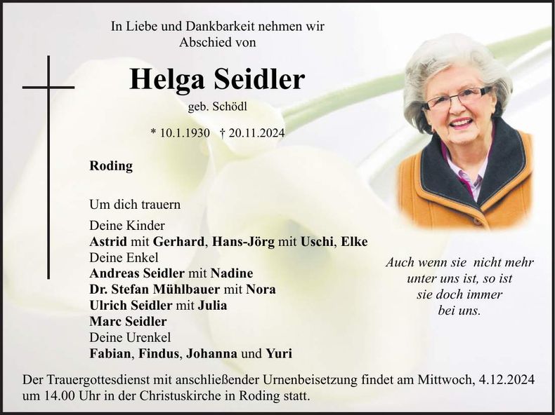 Traueranzeige Helga Seidler