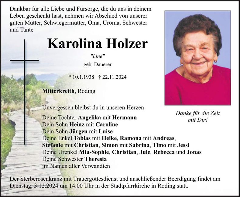 Traueranzeige Karolina Holzer