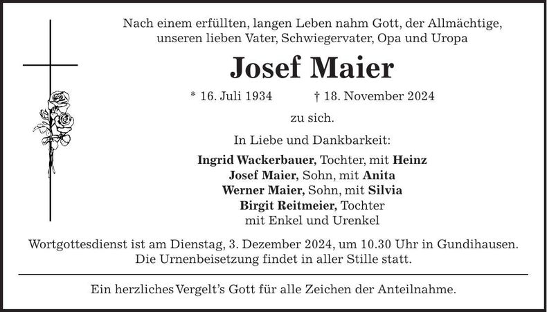 Traueranzeige Josef Maier