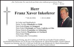 Traueranzeige Franz Xaver Inkoferer