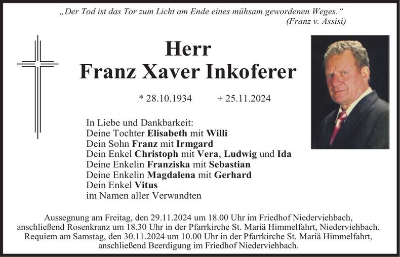 Traueranzeige Franz Xaver Inkoferer