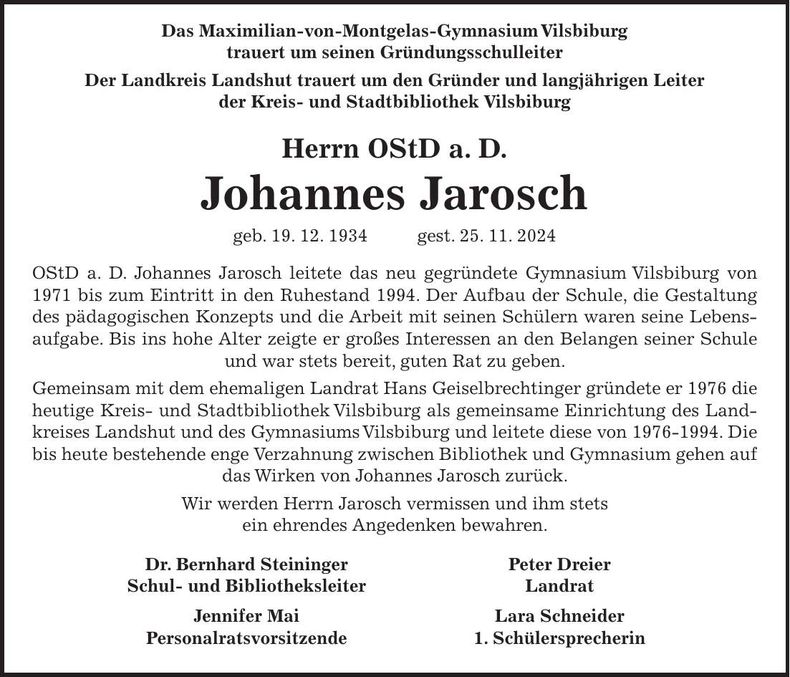 Traueranzeige Johannes Jarosch