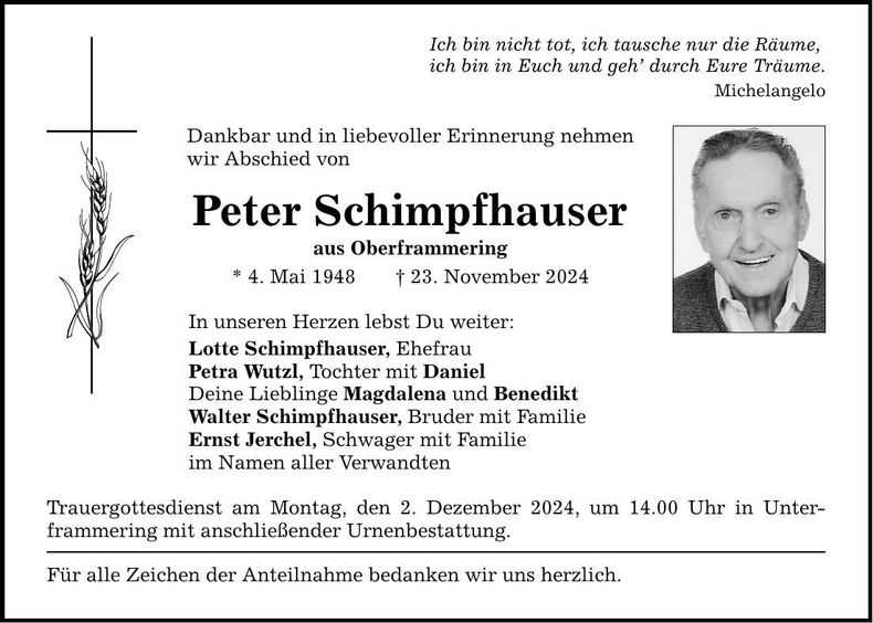 Traueranzeige Peter Schimpfhauser