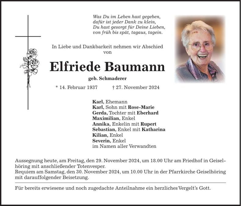 Traueranzeige Elfriede Baumann