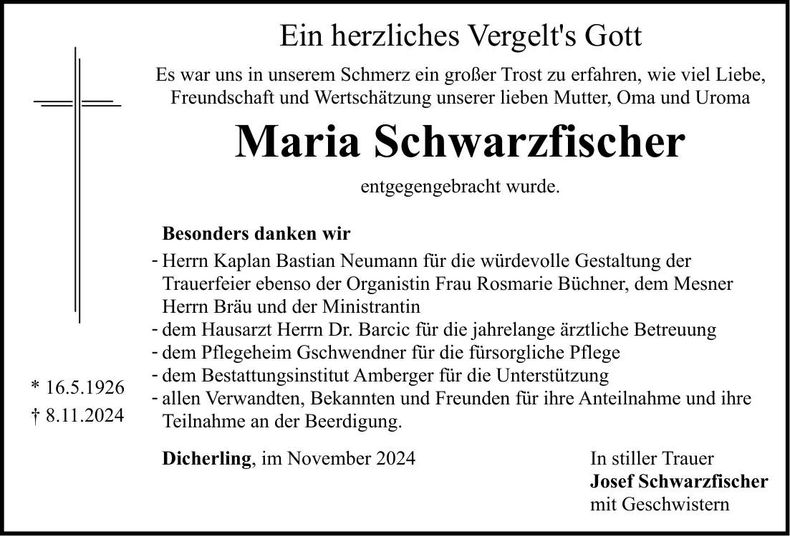 Traueranzeige Maria Schwarzfischer