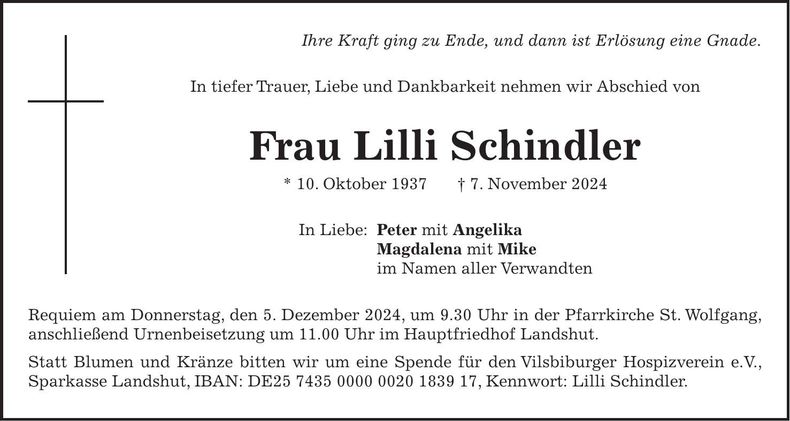 Traueranzeige Lilli Schindler