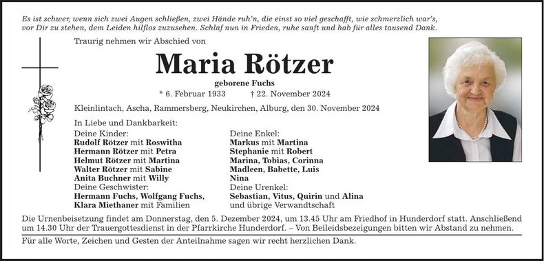 Traueranzeige Maria Rötzer