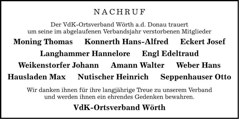 Traueranzeige Ortsverband Wörth VdK