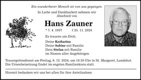 Traueranzeige Hans Zauner