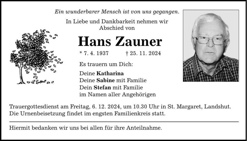 Traueranzeige Hans Zauner