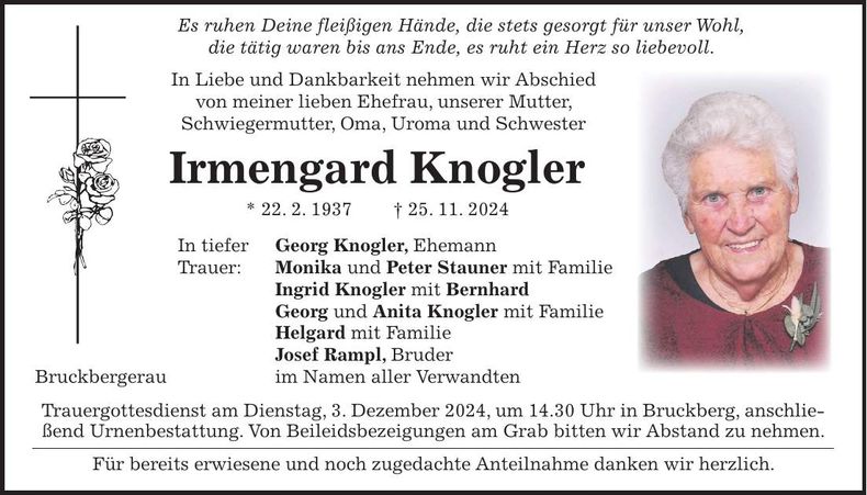 Traueranzeige Irmengard Knogler