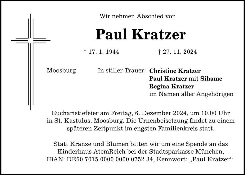 Traueranzeige Paul Kratzer