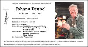 Traueranzeige Johann Deubel