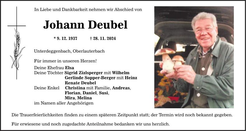 Traueranzeige Johann Deubel