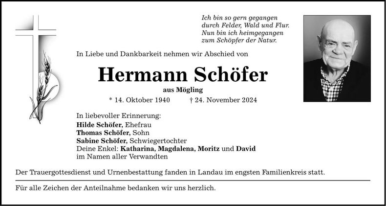 Traueranzeige Hermann Schöfer