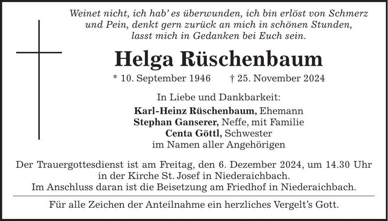 Traueranzeige Helga Rüschenbaum