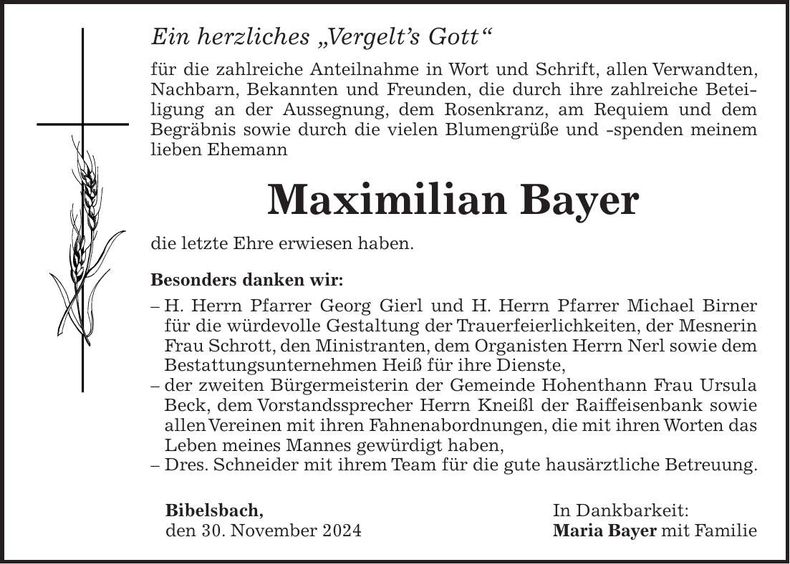 Traueranzeige Maximilian Bayer
