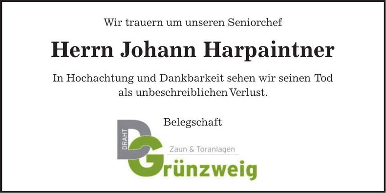 Traueranzeige Johann Harpaintner