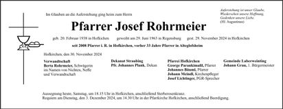 Traueranzeige Pfarrer Josef Rohrmeier
